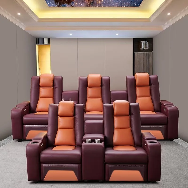 Linlamlim Home Theater Genuine Leather Couch Dual Motors 3-Seater Electric Recliner Sofa with Cup Holder and Adjustable Headrest