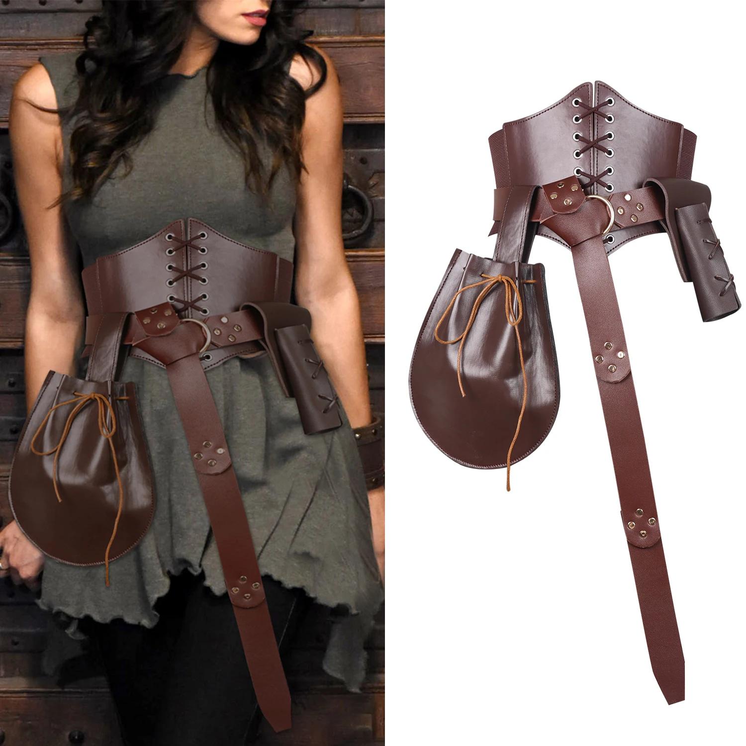 

Women's Medieval Retro Brown Suit Punk PU Leather Knight Belt Waist Bag CosePlay Props Anime Accessories