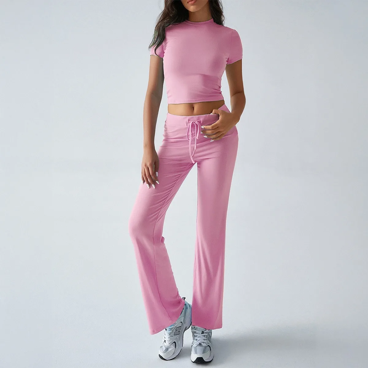 

Casual Solid Slim 2 Piece Set Fashion Half High Neck Short Sleeved Pullover Top Elastic Waist Lace Up Trousers Set Sports Suit