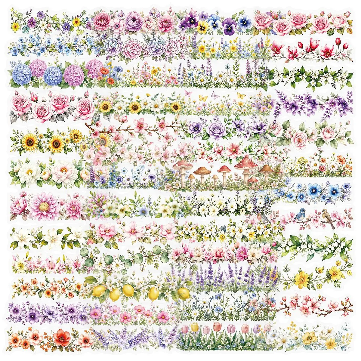 60pcs Transparent Floral Border Stickers Fresh Artistic Flower Wreath for Journal Notebook Planner Scrapbook DIY Decor