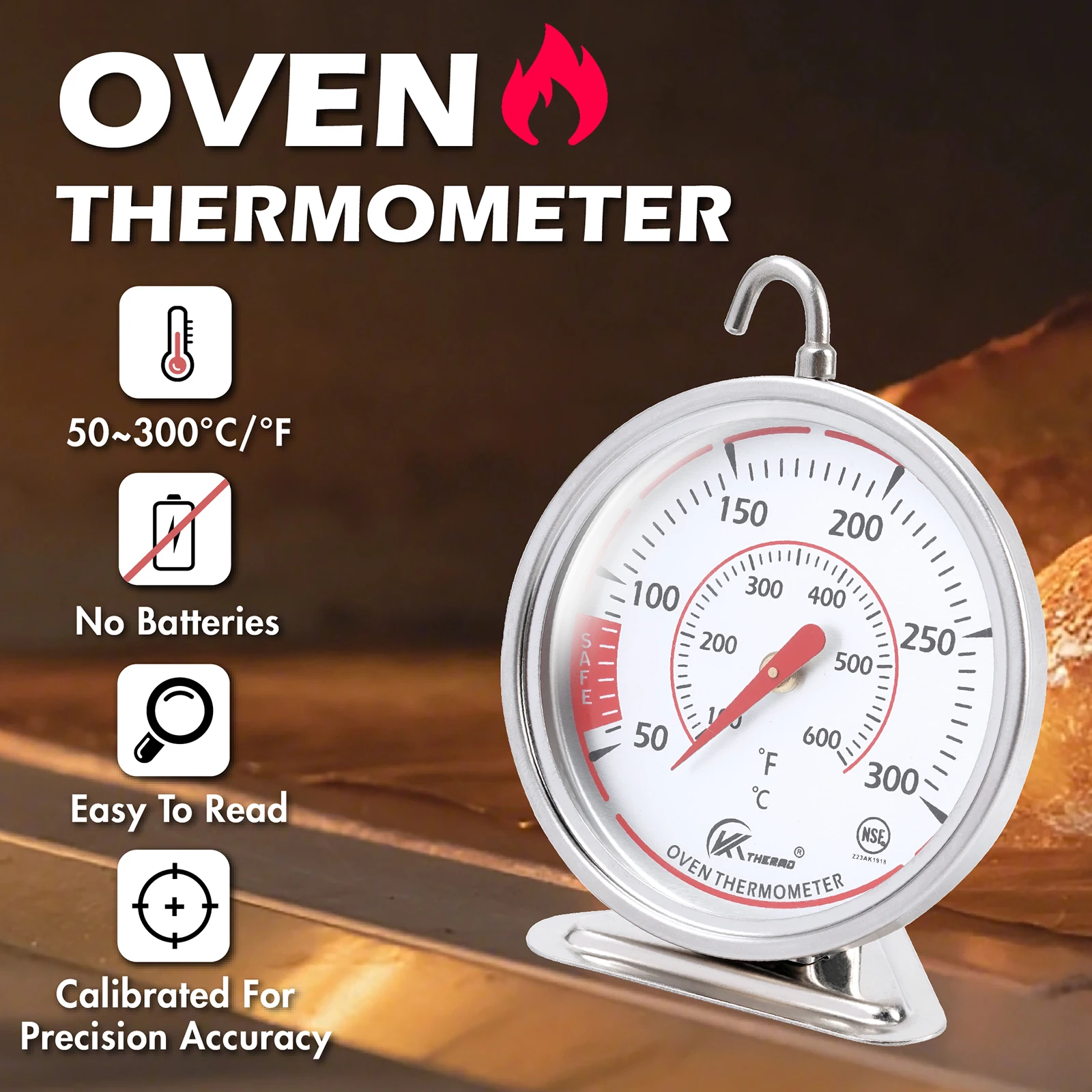Stainless Steel Oven Thermometer 100-600°F Classic Dial Oven Temperature Gauge No Battery Hanging Standing Kitchen Baking Thermometer
