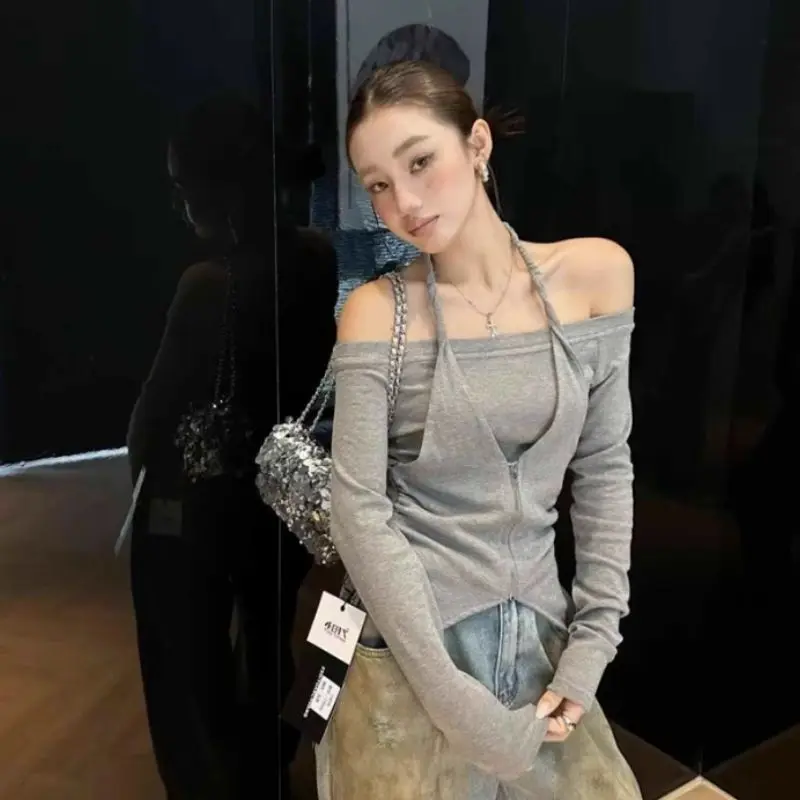 

Женская одежда, весенне-осенняя модная корейская однотонная лямка с лямкой на шее, женская универсальная тенденция, тонкое чистое желание, ветер, искусственная двух предметов