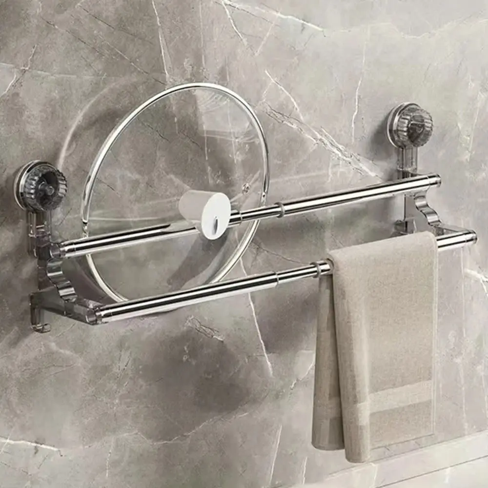 1Pcs Suction Cup Wall Towel Rack Double Layer Rod Retractable Self-adhesive Storage Rack 36-120cm No Drilling