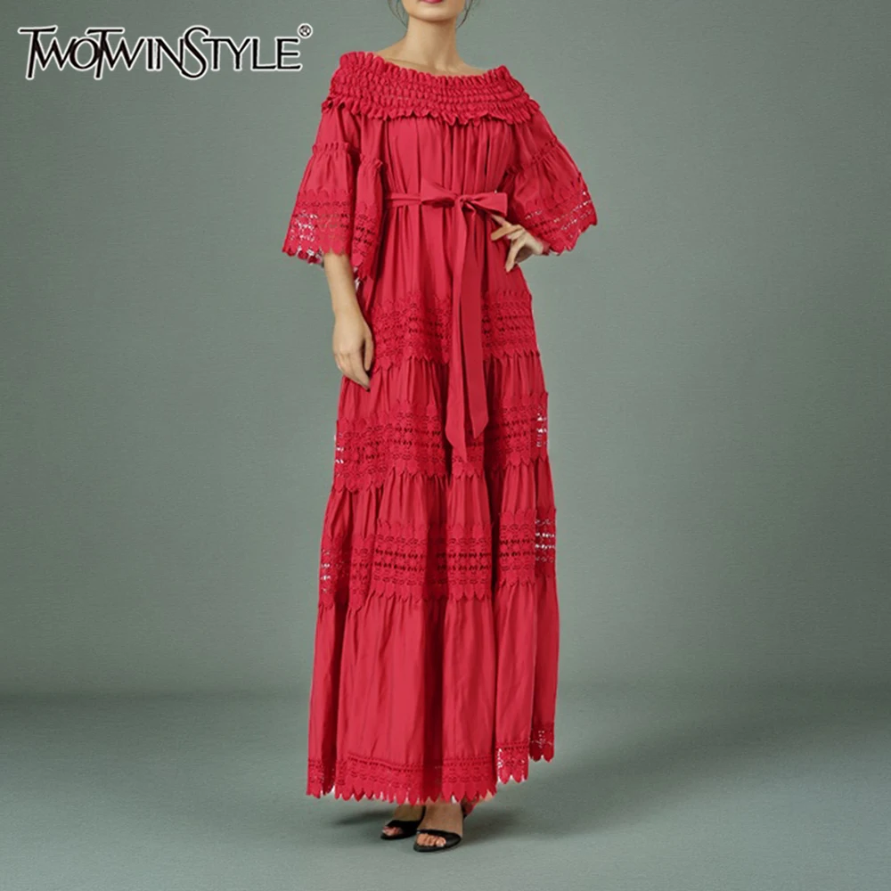 

TWOTWINSTYLE однотонные ажурные складки элегантные платья для женщин с разрезом на шее и половиной рукавов лоскутное платье на шнуровке женское новое