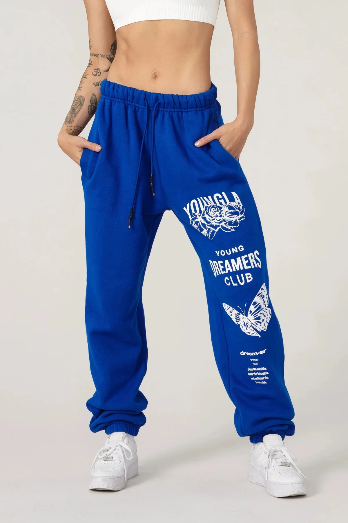 Calça de moletom americana para academia, fitness, corrida, treinamento, algodão, lã, estampada, borboleta, dança, rosa, pés agrupados