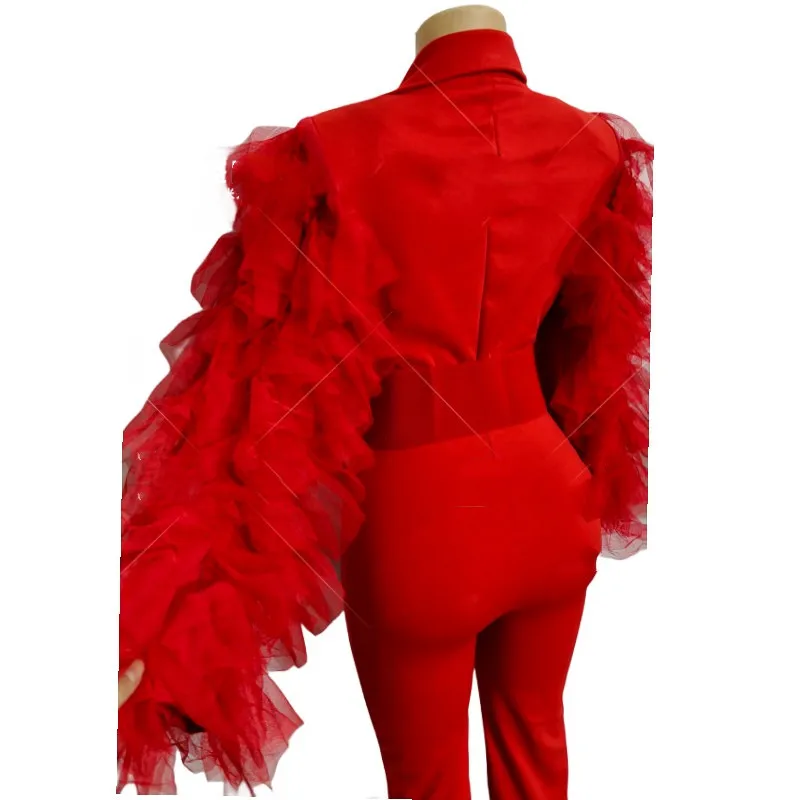 Women Singer Concert Stage Costume Red Puff Sleeve Bodycon Jumpsuit Birthday Prom Evening Celebrate Party Short Dress Bar Show