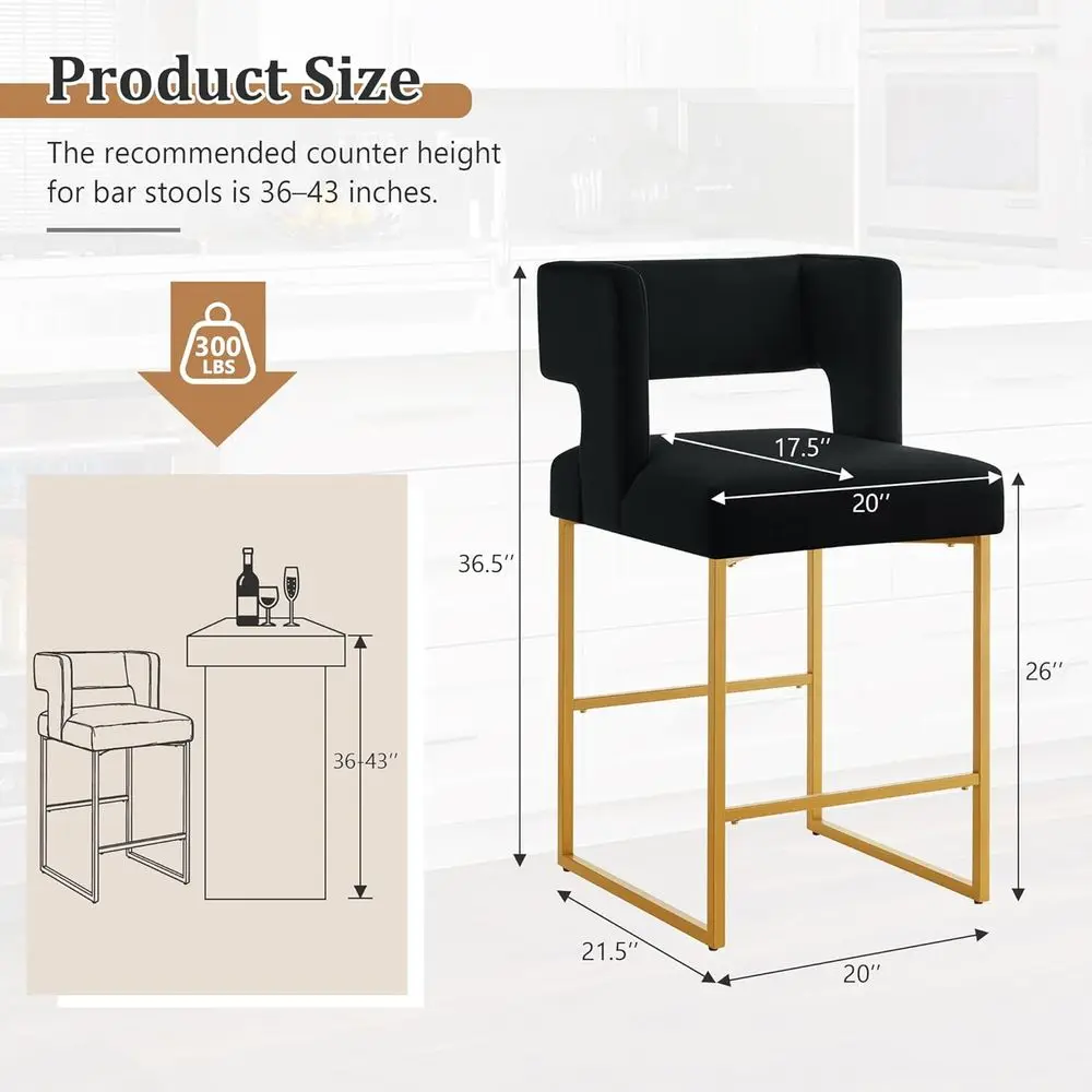 Set of 2 Velvet Upholstered Counter Height Bar Stools with Backs and Arms, Black & Gold Legs - view 2