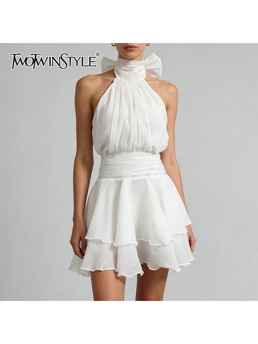 TWOTWINSTYLE Solid Slimming Spliced Folds Basics Dresses for Women High Neck Sleeveless Backless Patchwork Ruffles Dress Female