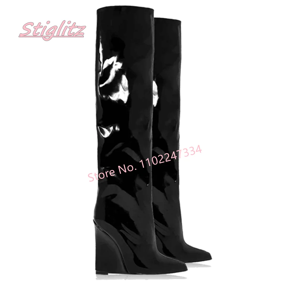 Purple Wdege Knee High Boots Women's Solid Luxury Patent Leather Sexy footwear Pointed Toe Party Fashion Shoes New Arrival