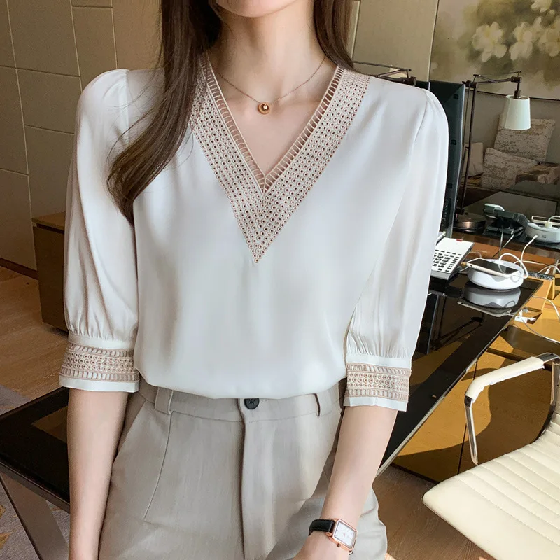 Embroidery Half Sleeve White Lace Women Blouses 2024 Autumn V-Neck Loose Chiffon Tops Shirt Office Lady Elegant Blusas 13366