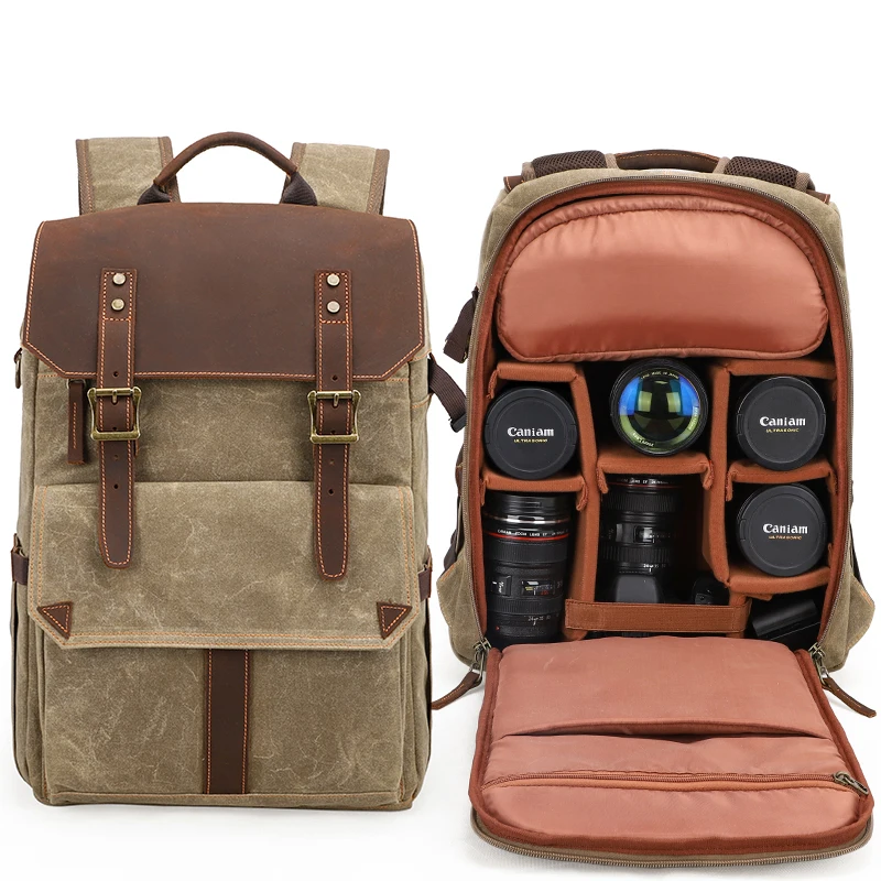 

Vintage Camera Backpack Waterproof Batik Canvas Leather DSLR SLR Mirrorless Photography Camera Bag for Travel Hiking Adventure