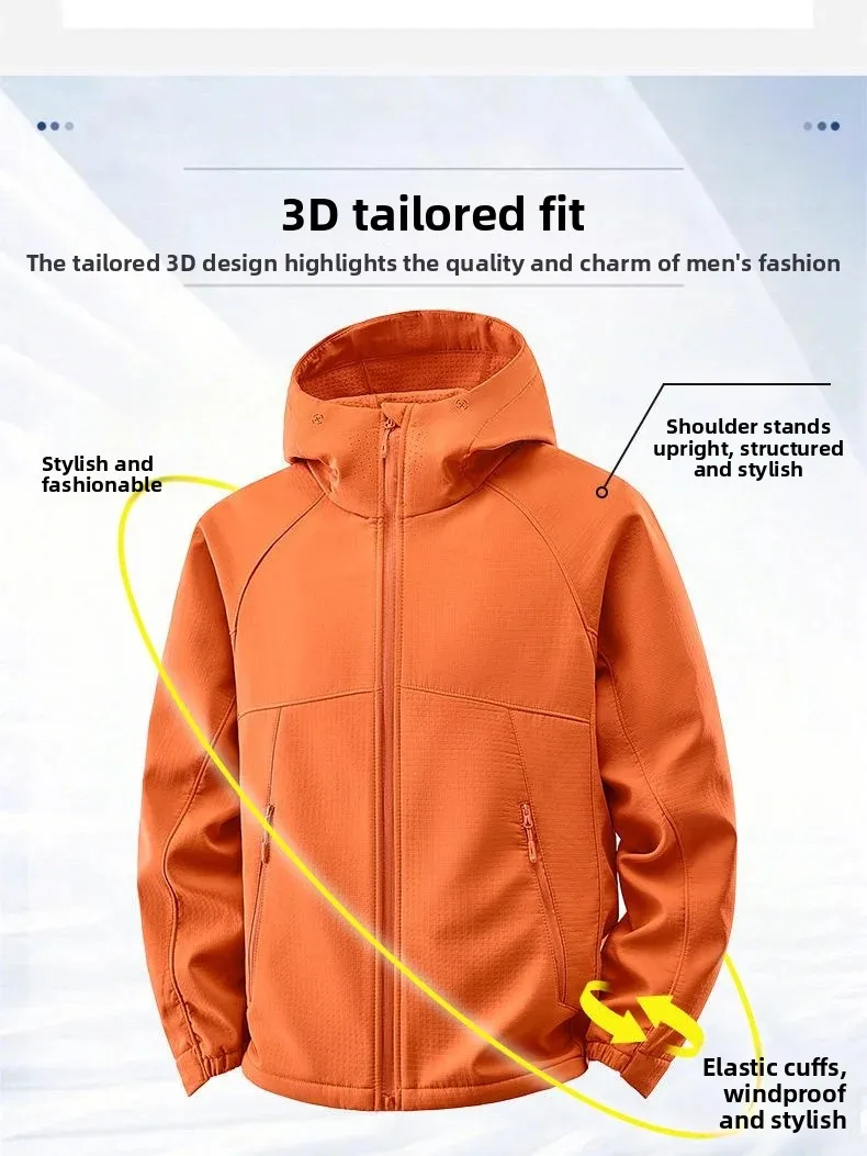 3D Tailoring Men's Fleece Lined Windproof Outdoor  Jacket Standard Fit Long Sleeve Hooded Polyester 2026 Autumn Collection