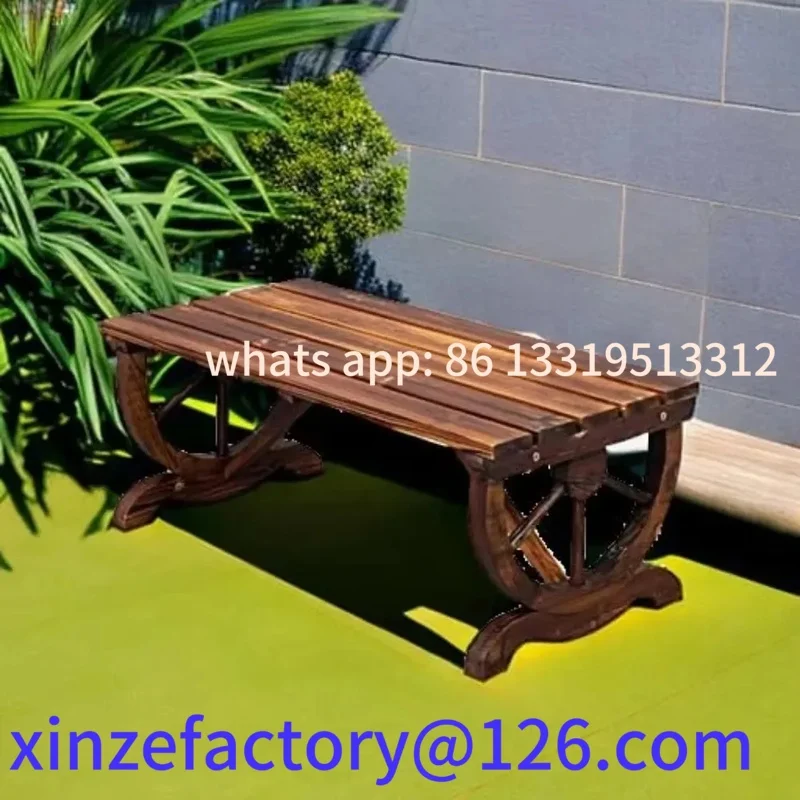 

Customizable Rustic Wagon Wheel Bench with Carbonized Fir Wood Finish for Garden, Porch,