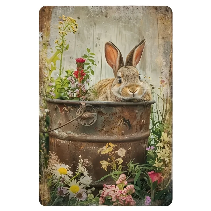

Charming Vintage Rabbit Metal Wall Art - Rustic Bunny Tin Sign for Home, Kitchen, Cafe, Bar Decor - 8x12 Inches, Easy Hang