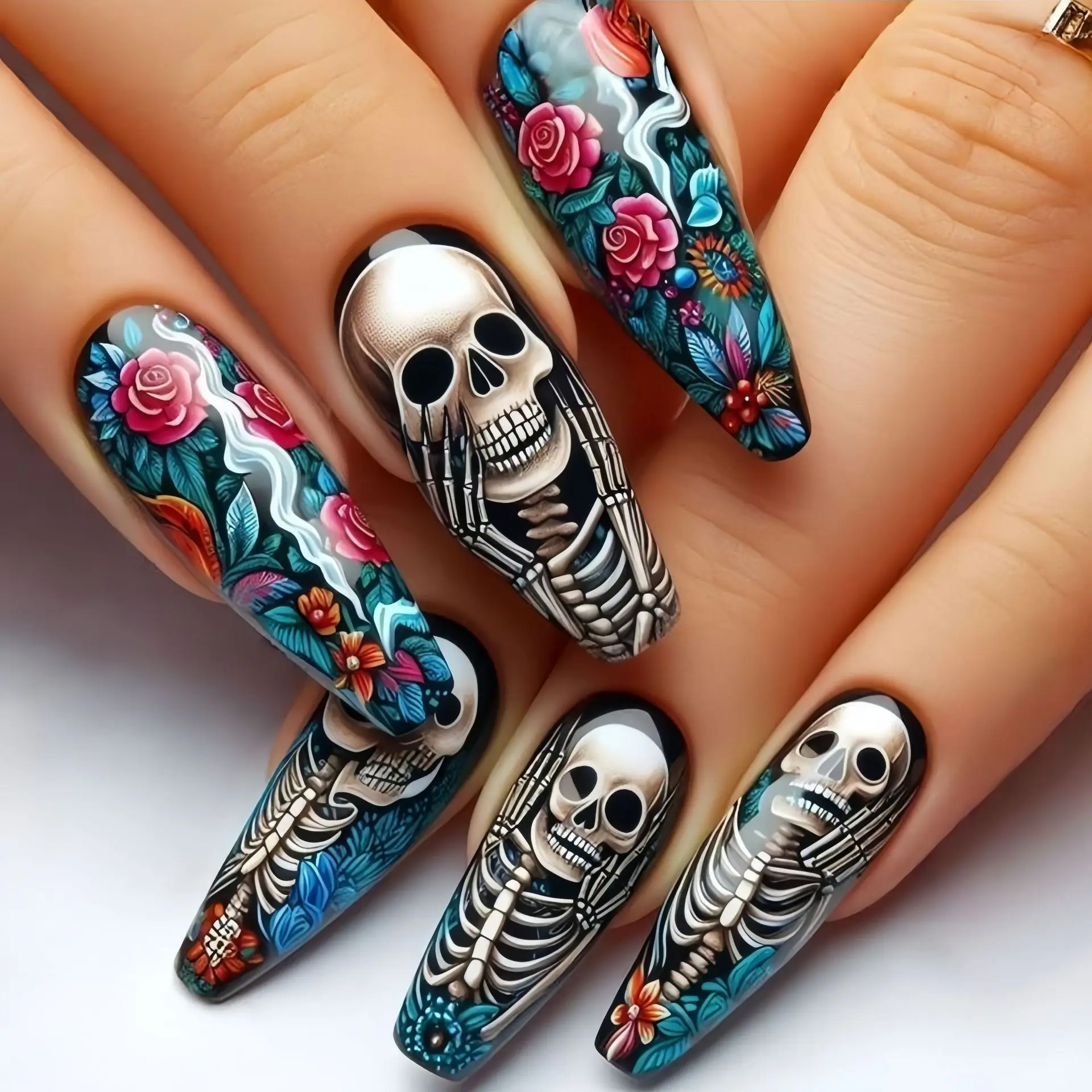 Dark Red Long Ballet Press On Nails With Skull Flower Art Set_voghion.com