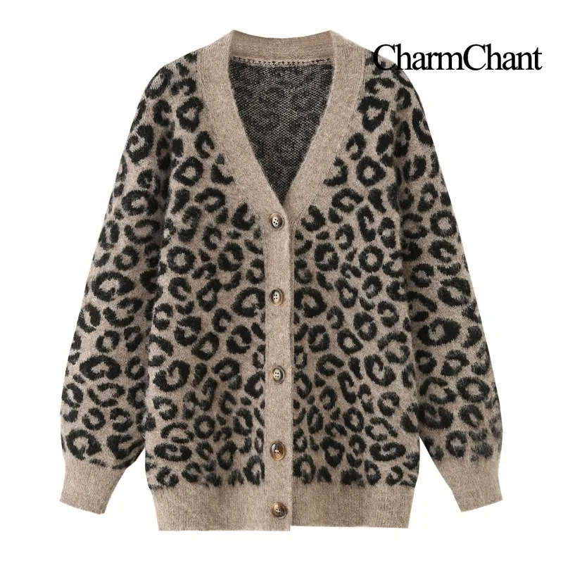

CharmChant Women's Wool Leopard Print Oversized Cardigan V-Neck Contrast Trim Casual Sweater Knitwear Outerwear Long Sleeve Top