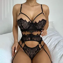 Hot Erotic Bra+Thongs Garters Set Plus Size Women Lingerie Sexy Underwear Set Porn Sex Costumes Transparent Lace Babydoll 4XL