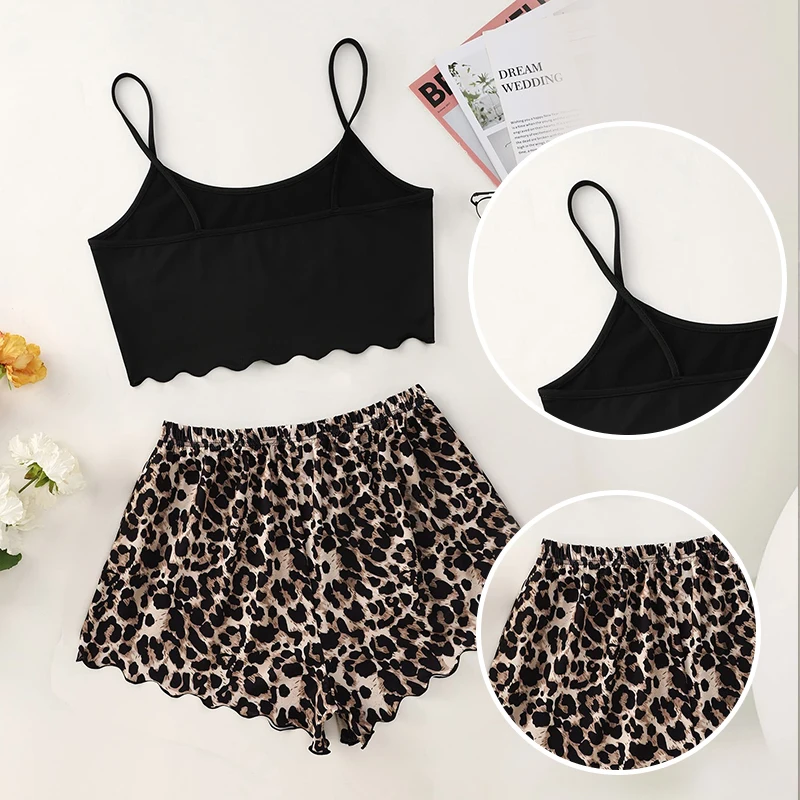 Fashionable New Letter Camisole Vest Paired with Leopard Print Bow Shorts Summer Casual Home Clothing Set