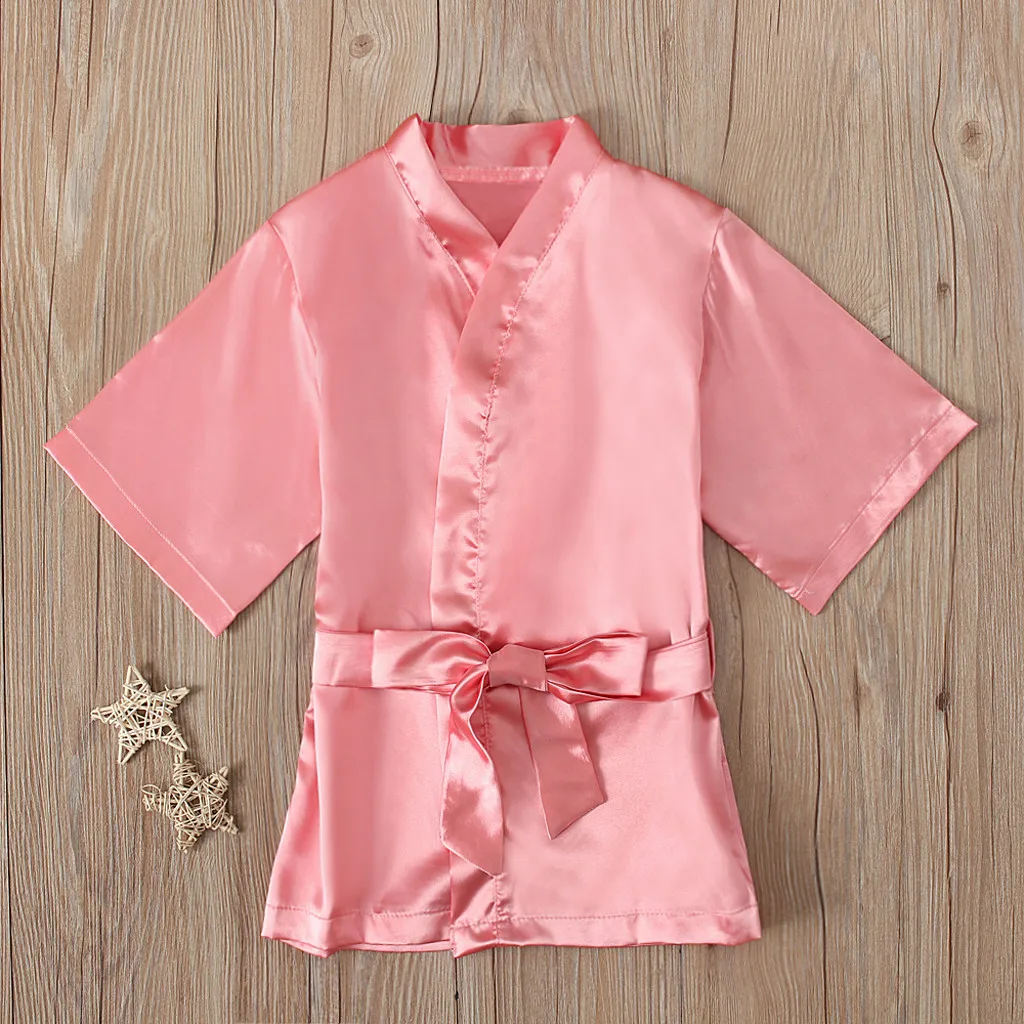 Children's Girl Pink Robe Solid Silk Satin Kimono Bathrobe Birthday Pyjamas Nightgown Kids Sleepwear Boy Girls Robes 1-5 Years