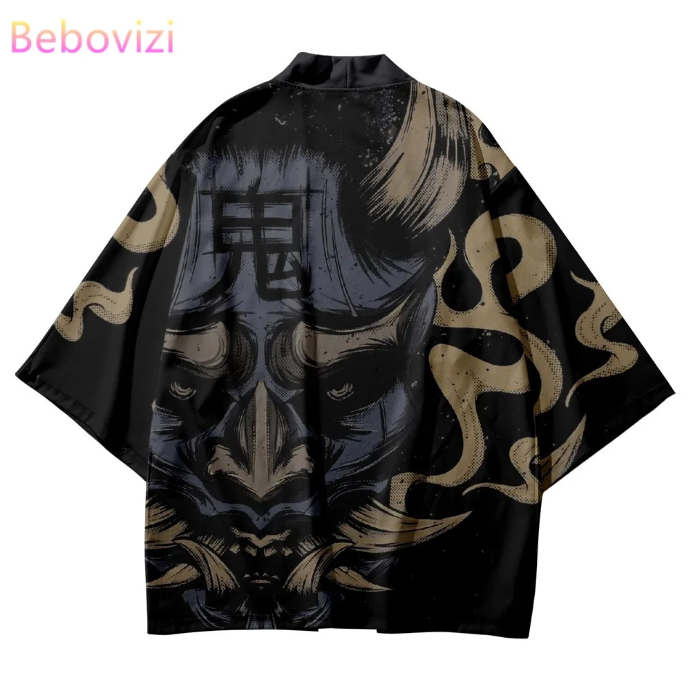 

Japanese Demon Print Black Cardigan Shirts 2022 Women Men Cosplay Yukata Harajuku Traditional Kimono Clothing Plus Size