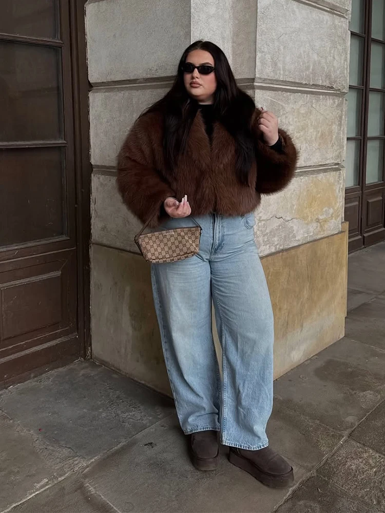 Women Brown Short Faux Fur Coat Fashion Lapel Long Sleeve Fluffy Loose Cropped Jacket Female Winter Daily Warm Street Outerwear