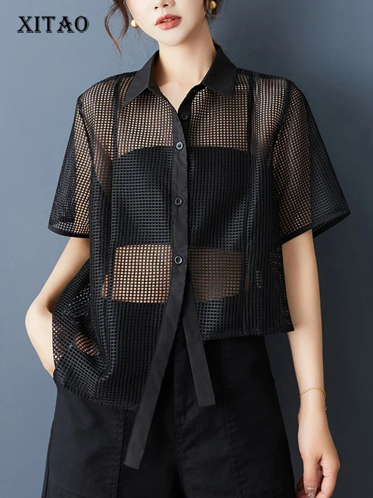 

XITAO Hollow Out Irregular Women Blouse Short Sleeve Casual Loose Turn-down Collar Solid Color Summer Female Shirts ZMY1222
