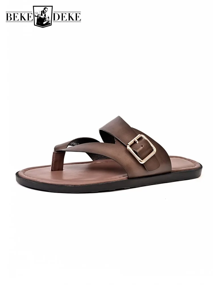 

Outside Summer Mens Flat Shoes Buckle Vintage Horsehide Genuine Leather Flip Flops High Street Non Slip Casual Beach Slippers