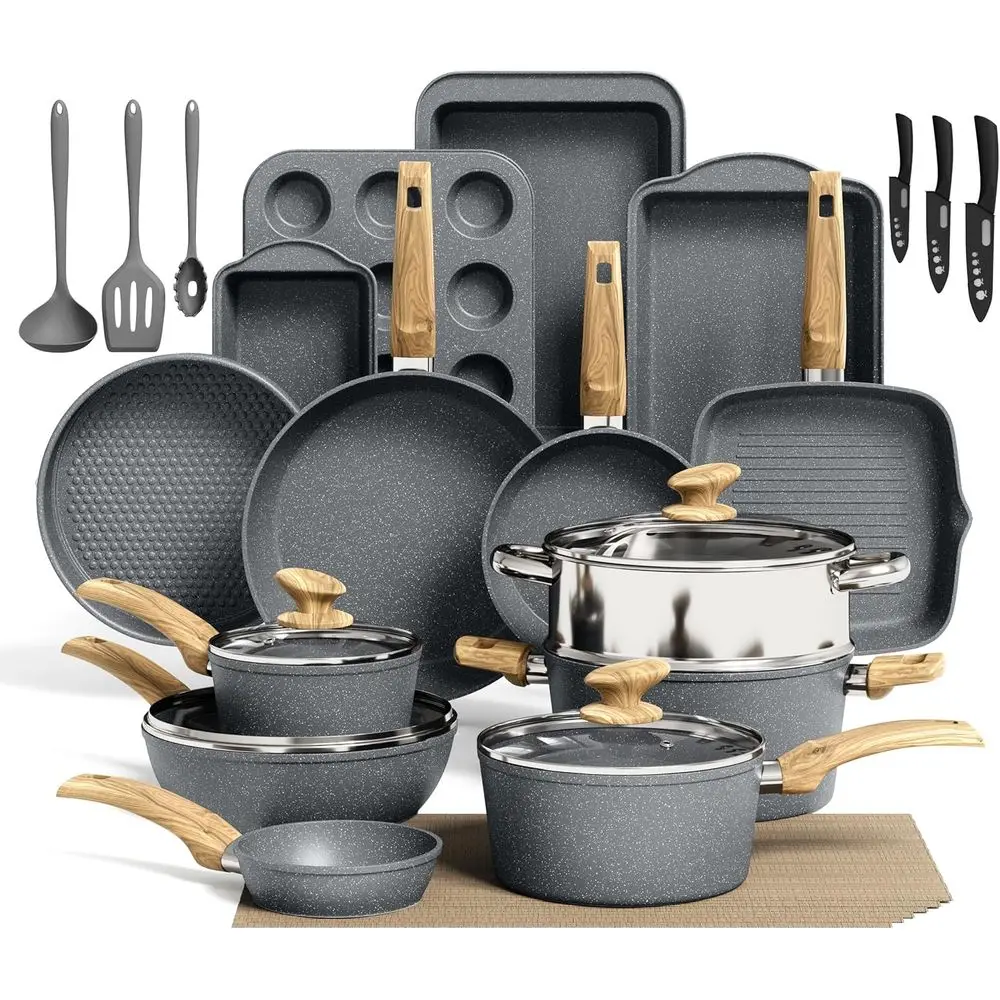 

30 Piece Grey Granite Cooking Pans Set, Non Toxic Pots and Pans Set Non Stick