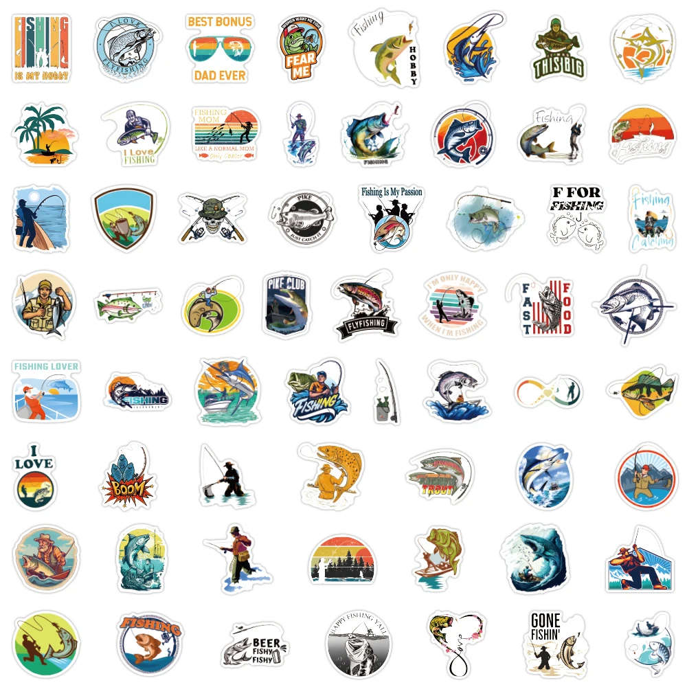 60pcs/Pack Fishing Stickers Waterproof Skateboard Motorcycle Guitar Luggage Laptop Bicycle Sticker Kids Toys