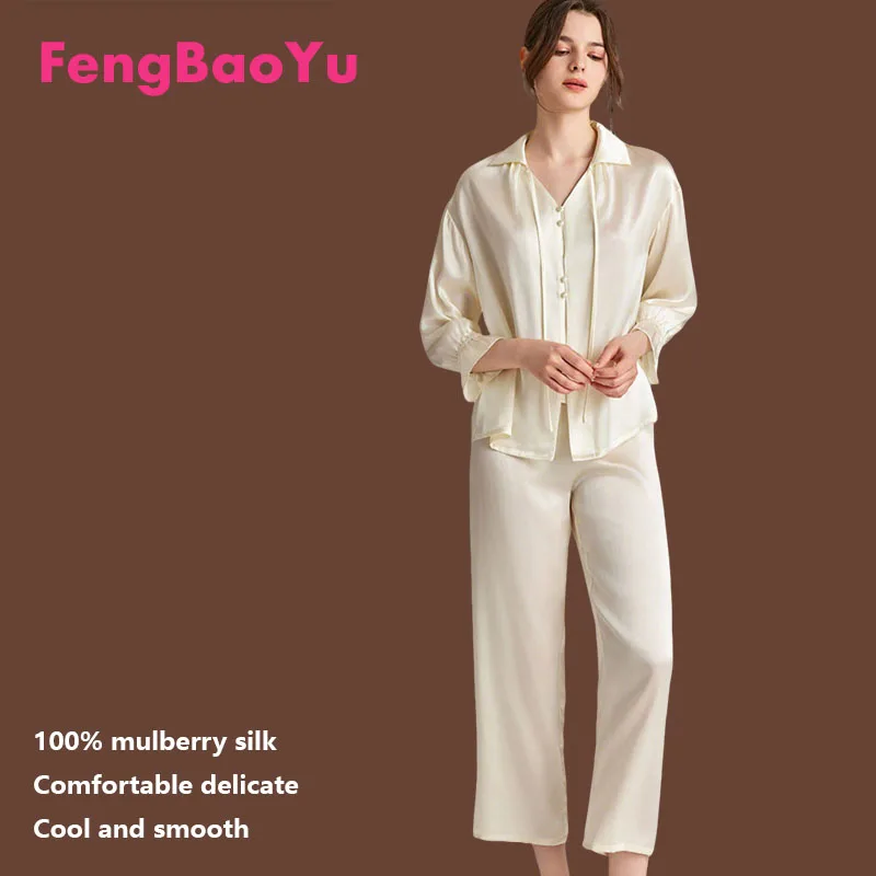 

Женский комплект Fengbaoyu из 100% натурального шелка: рубашка и брюки прямого кроя, 2 предмета, роскошная высококачественная повседневная удобная одежда