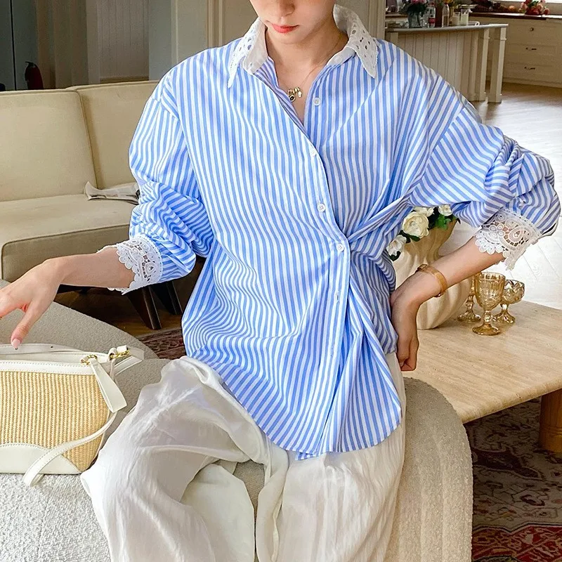 

2025 Spring And Autumn Women's Shirt Blouse Fashion Blue Striped Splicing Similar Long Sleeve French Shirt Cotton Women's Top