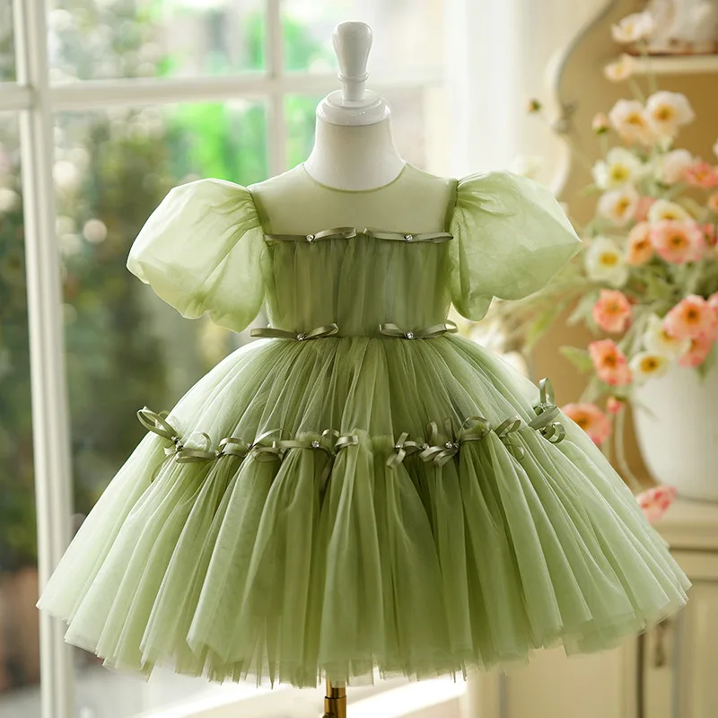 

Luxurious Girls Princess Bow tutu Dress Children green Fluffy Wedding flower girls Prom Gown baby Birthday Party Kids Dresses