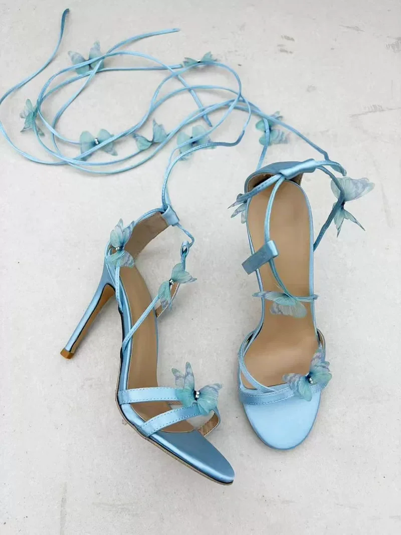 Women's Lavender Butterfly Lace-Up Stiletto Sandals Fairy-Inspired Romantic Elegant Beach Weddings Ladies Sexy Stage Dress Shoes