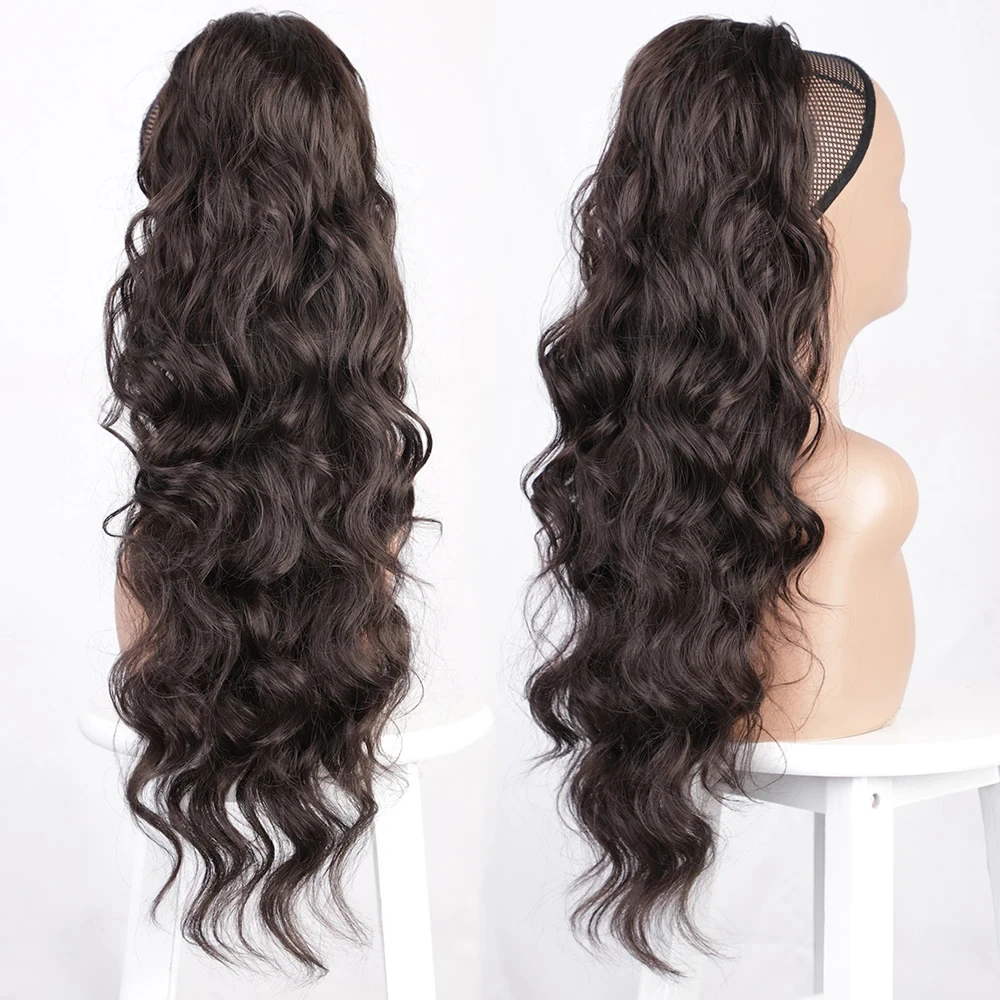 Krachtige Synthetische Lange Body Golvende Trekkoord Paardenstaart Voor Vrouwen Synthetische Golf Haarverlenging Clip In Haarstuk Zwart Nep Haar