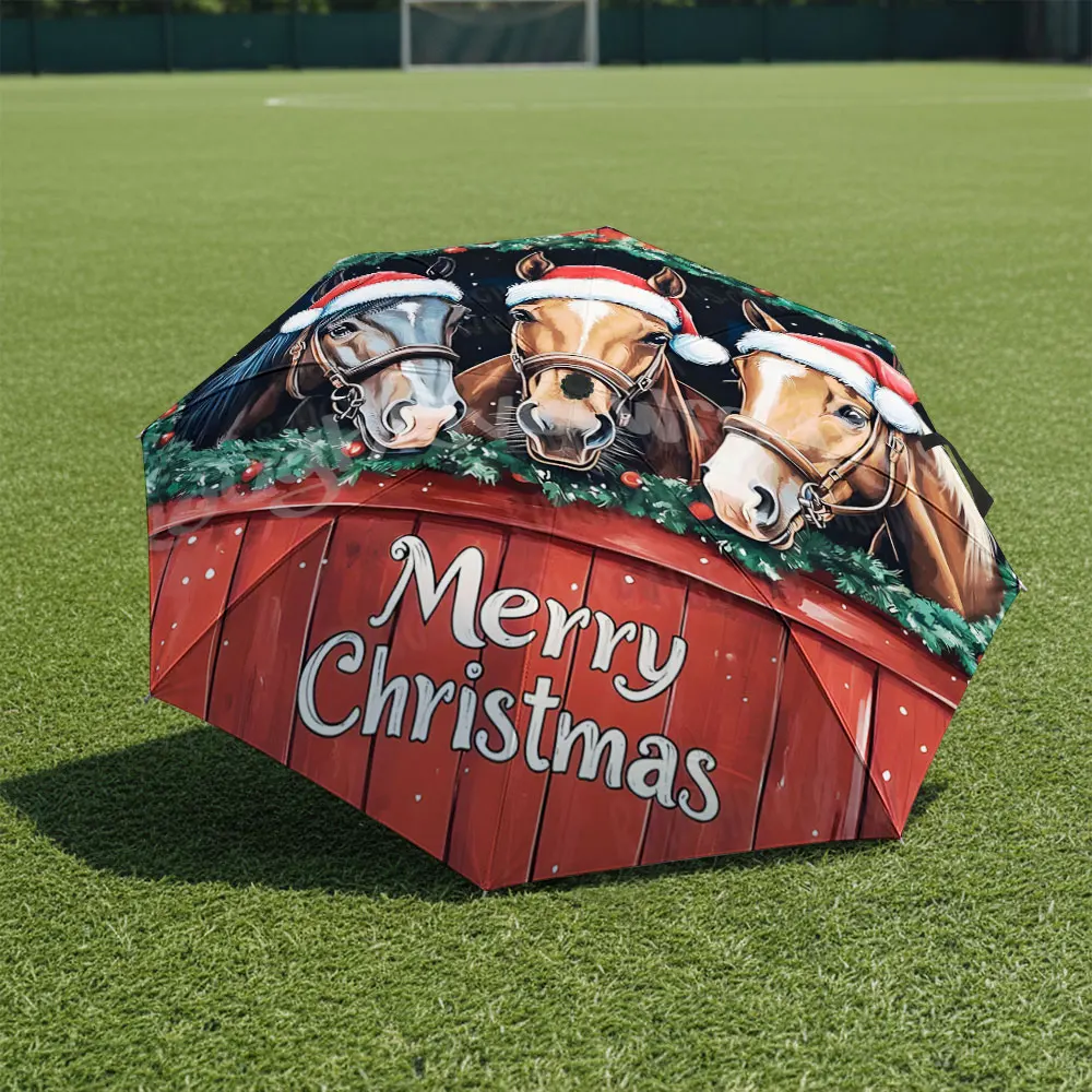 1P C Christmas Horses Umbrella with Festive Design Print 8 Iron Ribs Folding Umbrella Auto-Open Fashion Sunshade