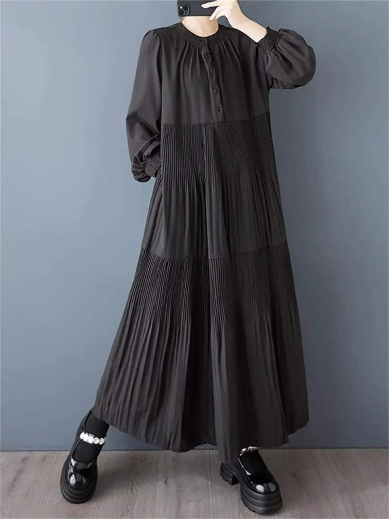 

2025 New Style Women's Dark Oversized Pleated Long Sleeve Shirt Dress | Spring Casual Loose Fit Trendy Maxi Dress G231