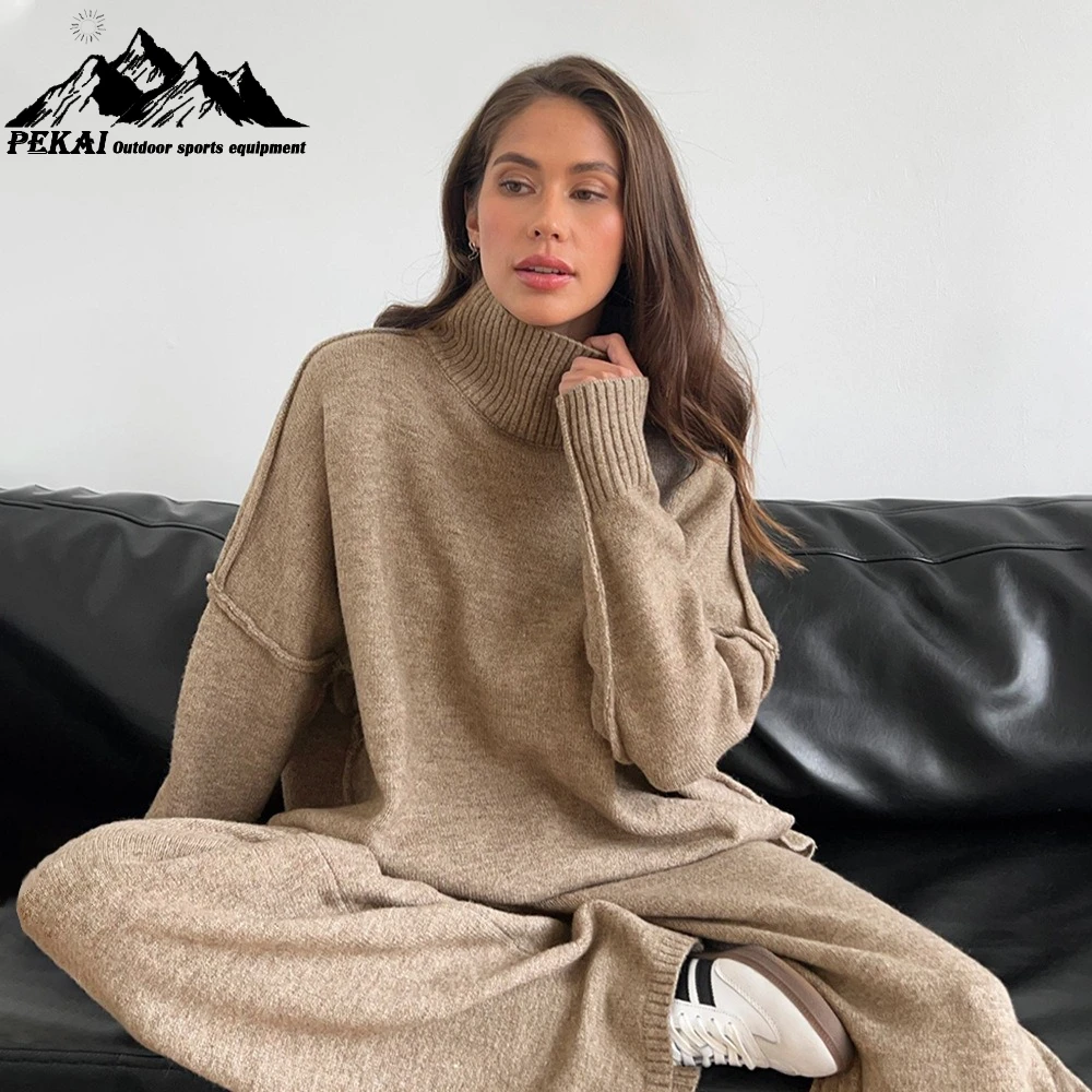 

Свитер с высоким воротом для женщин в Европе и Америке, осенне-зимний новый стиль, свободный повседневный комплект из толстых вязаных брюк для ленивых