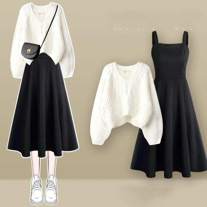 Autumn and Winter Women's Set 2024 New Lazy Loose Knitted Sweater Women's Slim Dress Two Piece Set Trendy