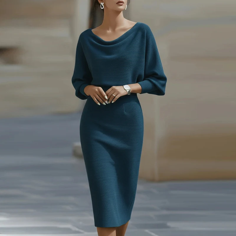 2026 Spring Sexy Draped Crew Neck Party Dress Woman Elegant Solid High Waist Slim Hips Dress Autumn 3/4 Sleeve Zips Office Dress