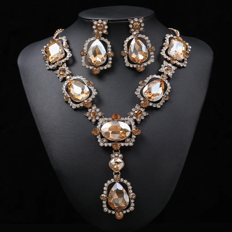 Luxury Big Rhinestone Bridal Jewelry Sets for Women Geometric Crystal Pendant Necklaces Earrings Set Wedding Costume Jewelry Set