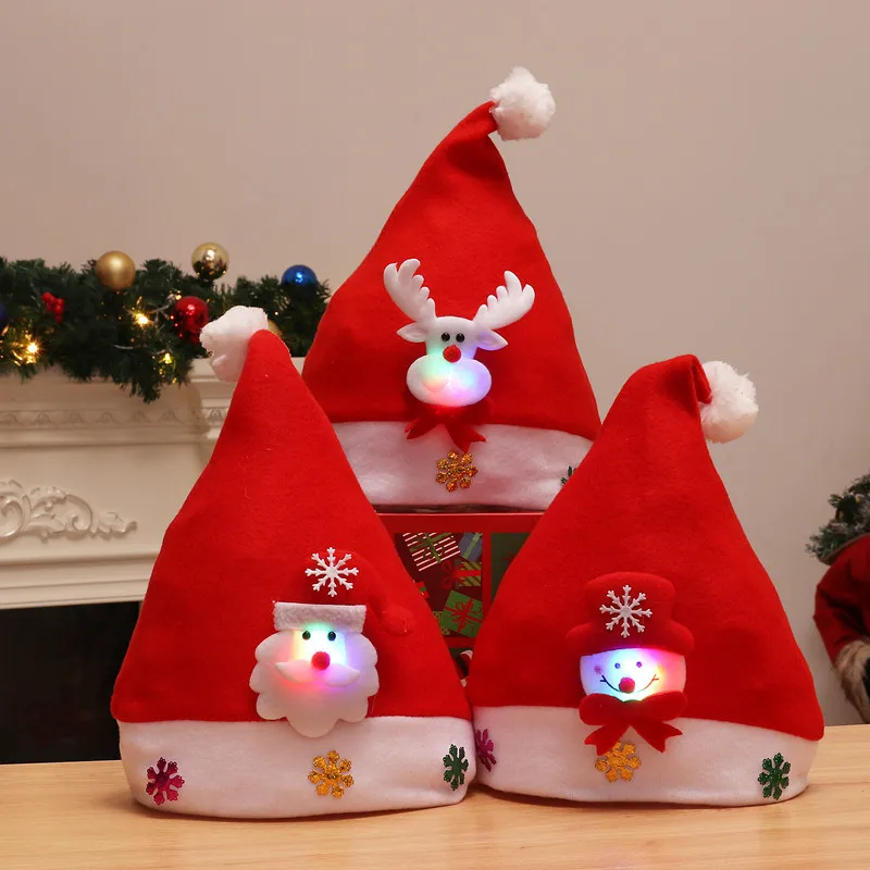 120 pcs/lot Non Woven Kids Christmas Hat With Led Light Cartoon Applique Santa Deer Snow Pattern Hats Christmas Supplies