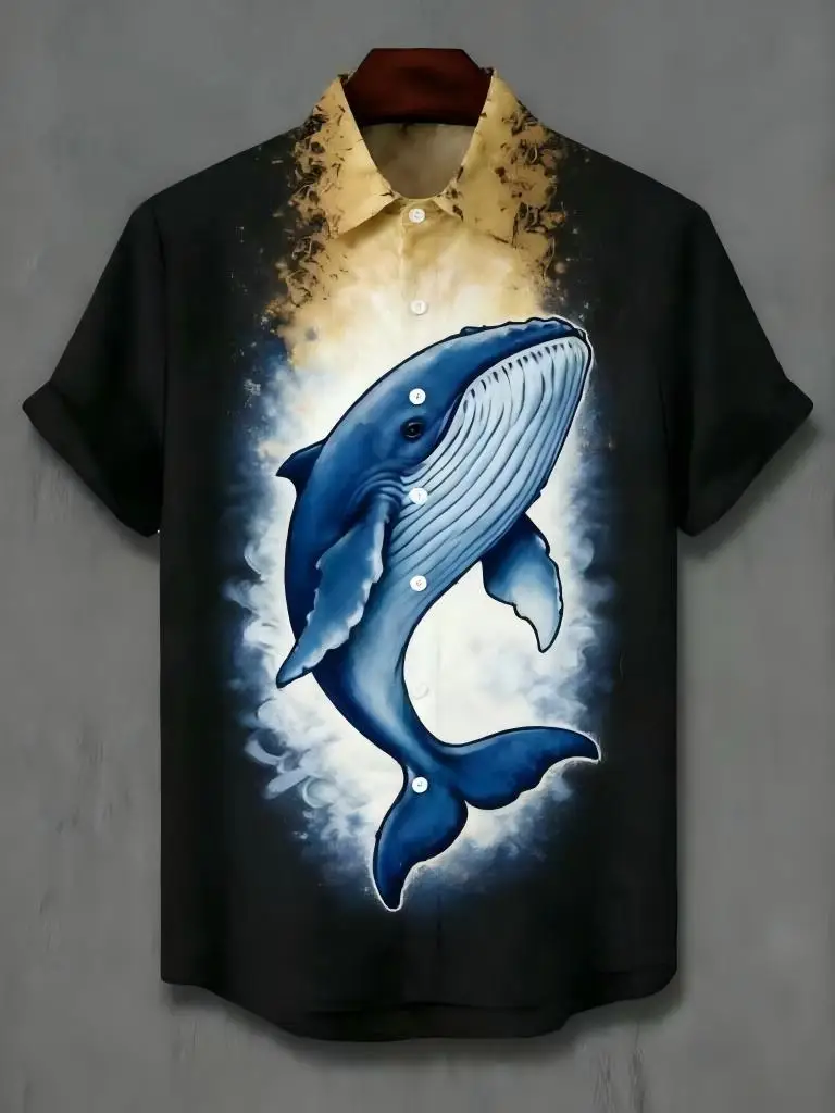 

Men's fashionable marine creature pattern printed short sleeved shirt, loose top, outdoor street, casual and comfortable