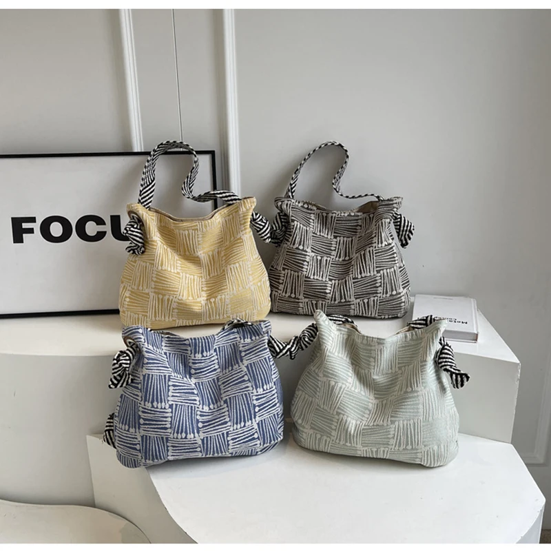 

3pcs Shoulder Bags Women Cotton Linen Color-blocking Stripes Large Capacity Totes