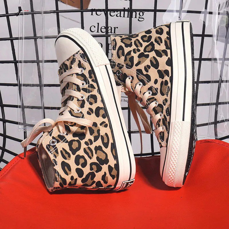 Leopard Canvas Shoes Women Flat Platform Sneakers  Casual  Woman High Top Tenis obuwie sportowe damskie markowe chaussure