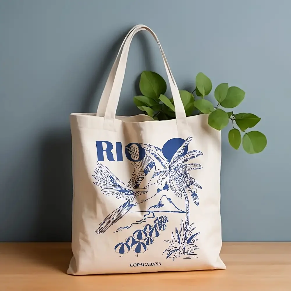 Rio Copacabana Vibrant Rio Design with Palm Trees Christ the Redeemer Canvas Reusable Shipping Bag Beach Travel Bag for Women