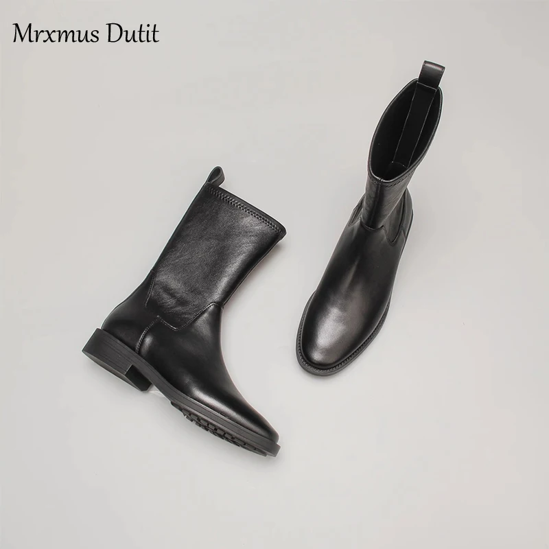 Mrxmus Dutit 2023 Autumn Winter New Fashion Women Round Head Elasticity Slip-on Boots Casual Solid Simple Shoes Female Chic