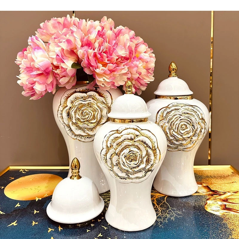 Golden Rose Relief Ceramic Storage Gold-plated Porcelain Ginger Jar Dresser Table Jewelry Organizer Box Cosmetics Container