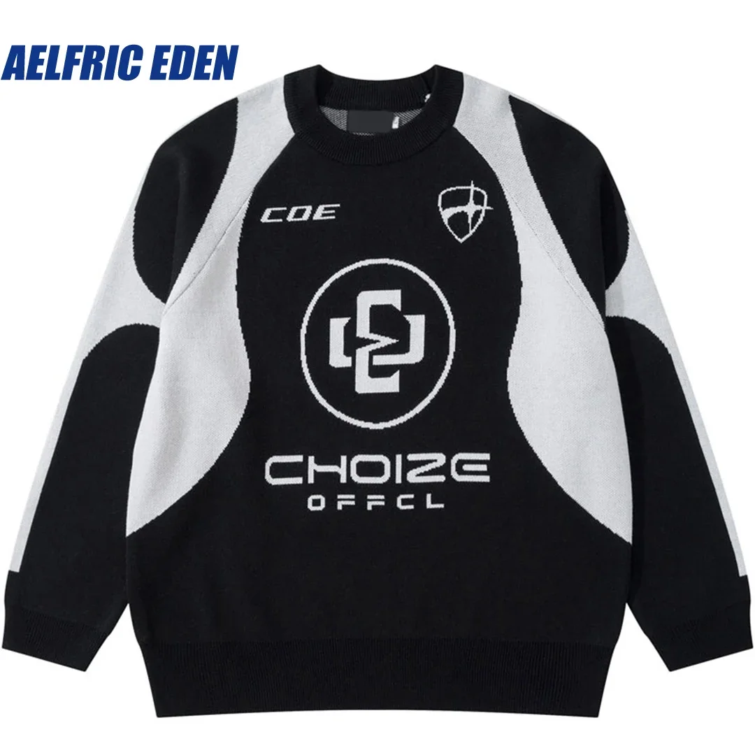 

Aelfric Eden Knitted Retro Letter Graphic Patchwork Sweater Men Sport Sweater Y2K Hip Hop Streetwear Harajuku Loose Pullovers