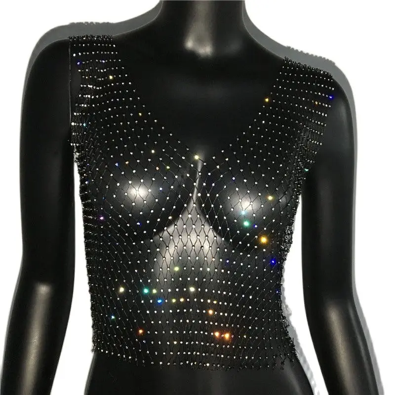 Top corto con strass a rete da donna 2024 Camicia estiva sexy in maglia alta elastica nera bianca Rete trasparente Canotta con diamanti rave