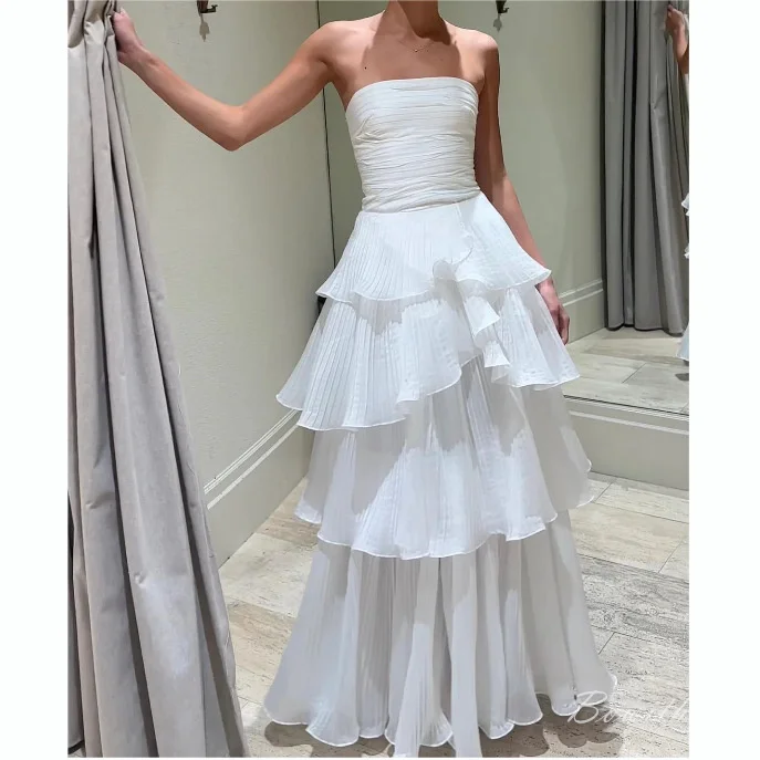 Bowith White Elegant Wedding Dress Tiered Strapless Floor Length Long Dress Simple Women's Dress for Evening Party Prom Growns